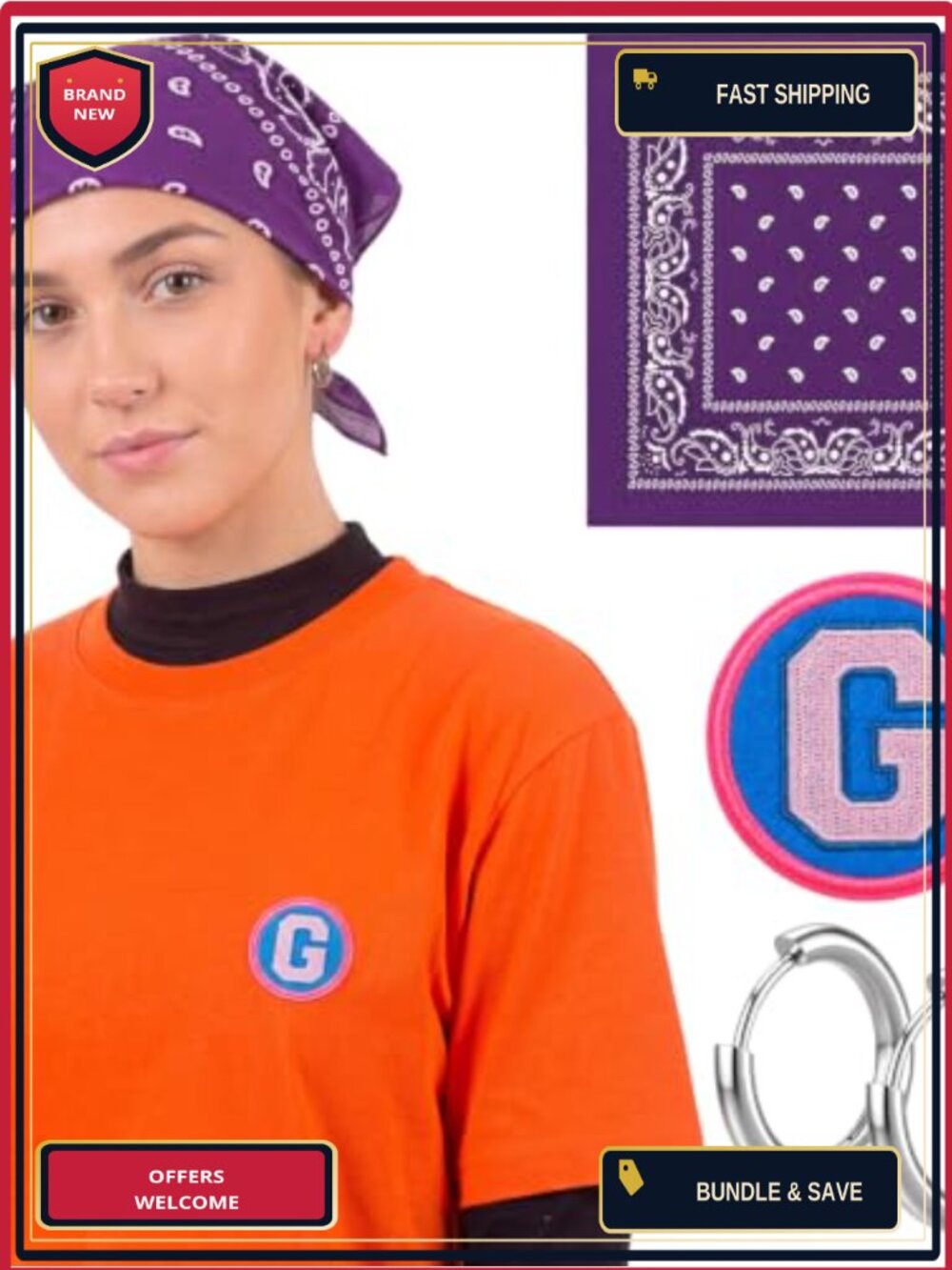 3 Pc Fast Food Worker Costume Accessories Set Bandana Patch Earrings